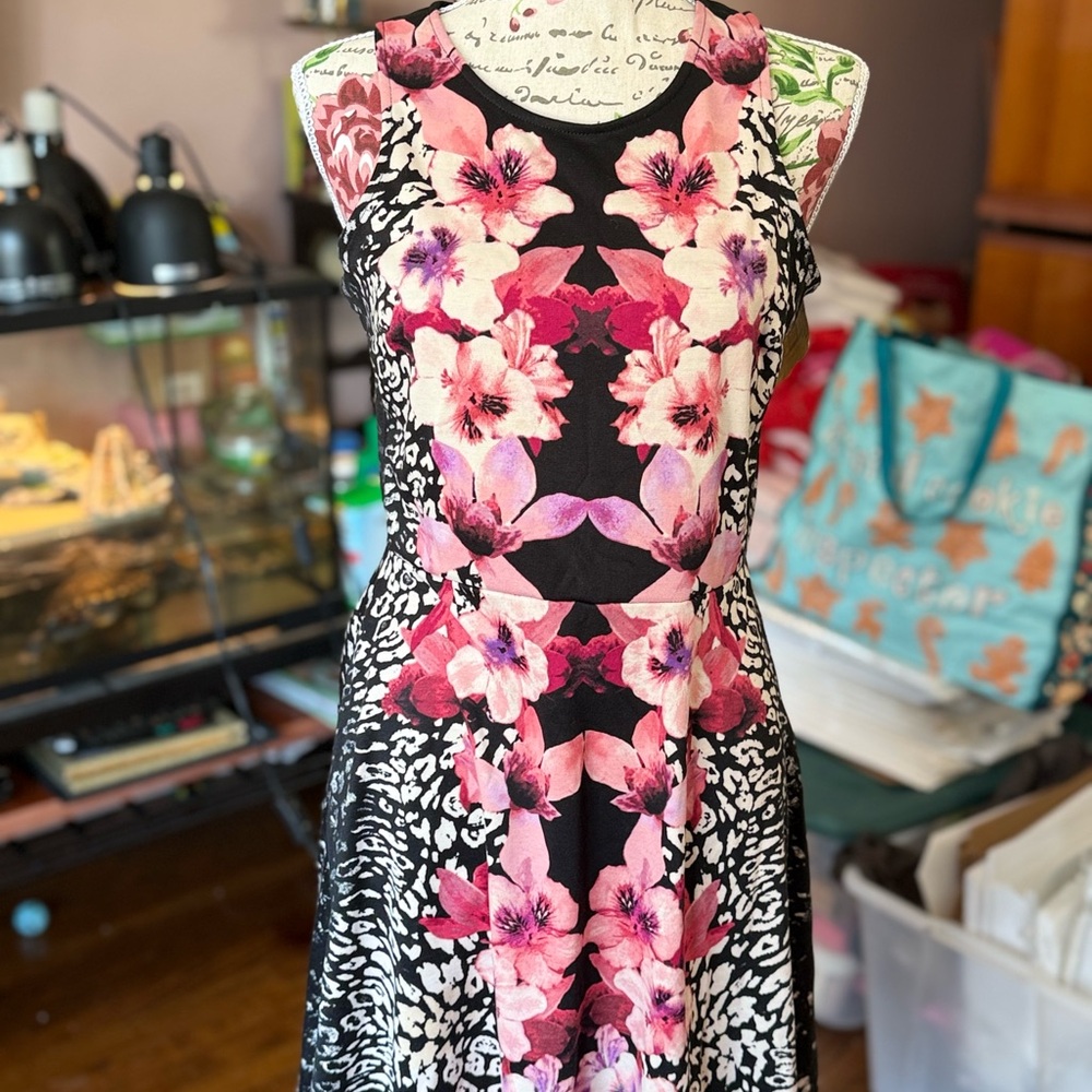 H&M Black and Pink Floral Midi Dress